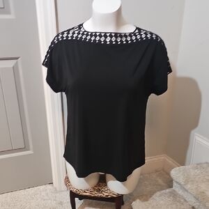 Cato Black Short Sleeve Blouse with Crochet Yoke Detail